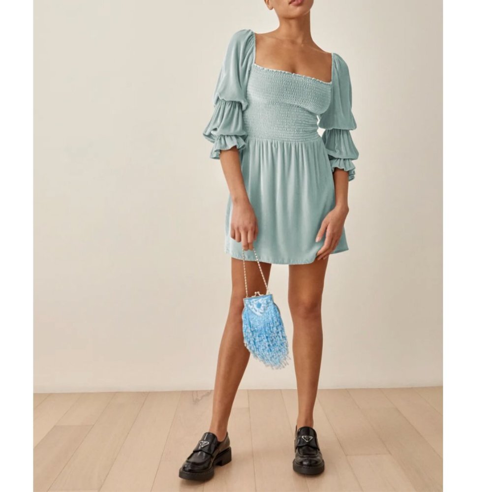Reformation Albi Velvet Mini Dress in Turquoise Size Small